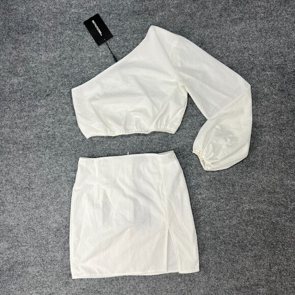 Pretty Little Thing 2 Pc One Shoulder Crop Top Skirt Set Womens 4 White Woven - Picture 2 of 13